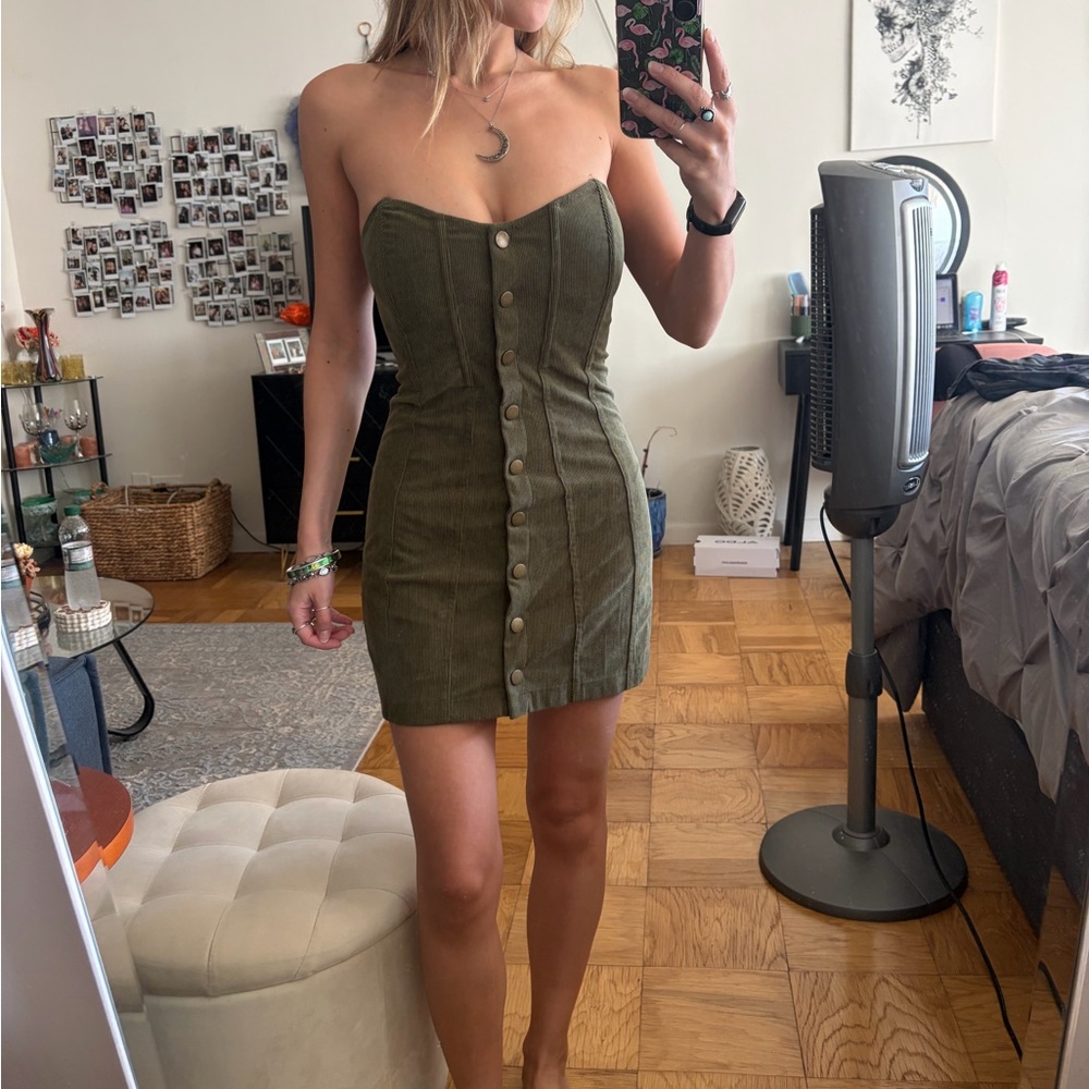 Urban Outfitters Olive Green Strapless Button-Front Mini Dress